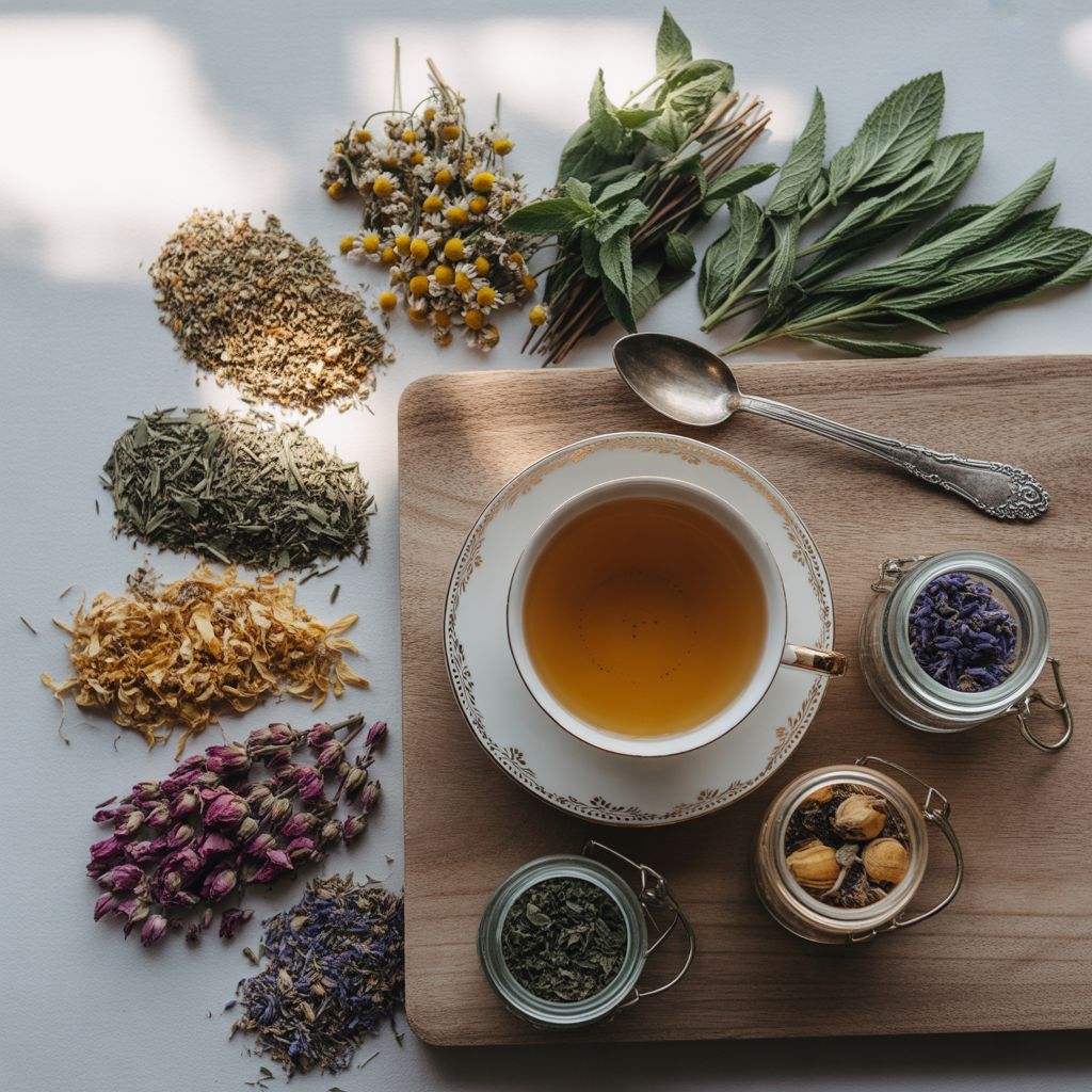 Assorted dried botanical ingredients arranged on a wooden surface for tea blending